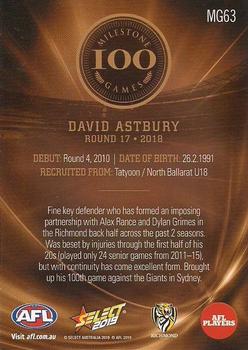 2019 Select Footy Stars - AFL Milestone Games #MG63 David Astbury Back